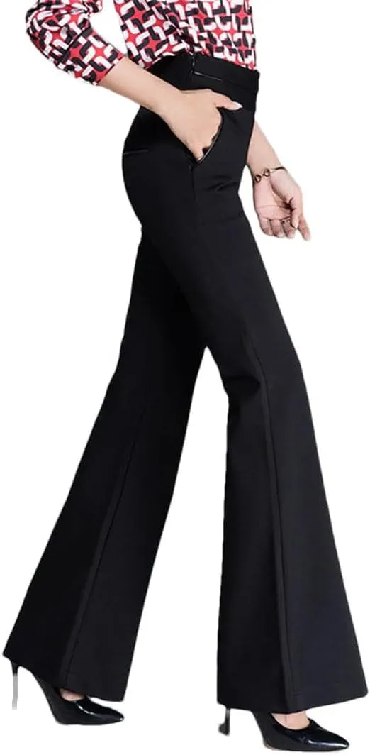 Women Slimming Fit Flare Pants High Waist Elastic Office Working Flared Trousers