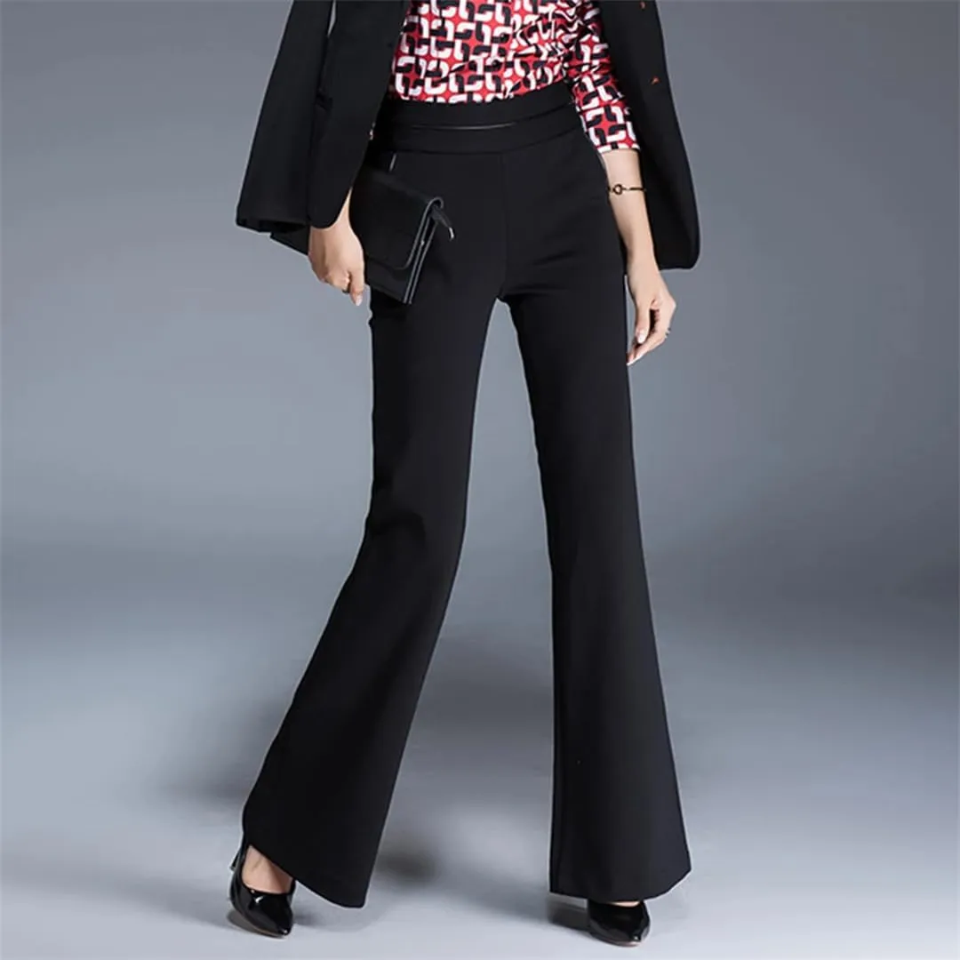 Women Slimming Fit Flare Pants High Waist Elastic Office Working Flared Trousers