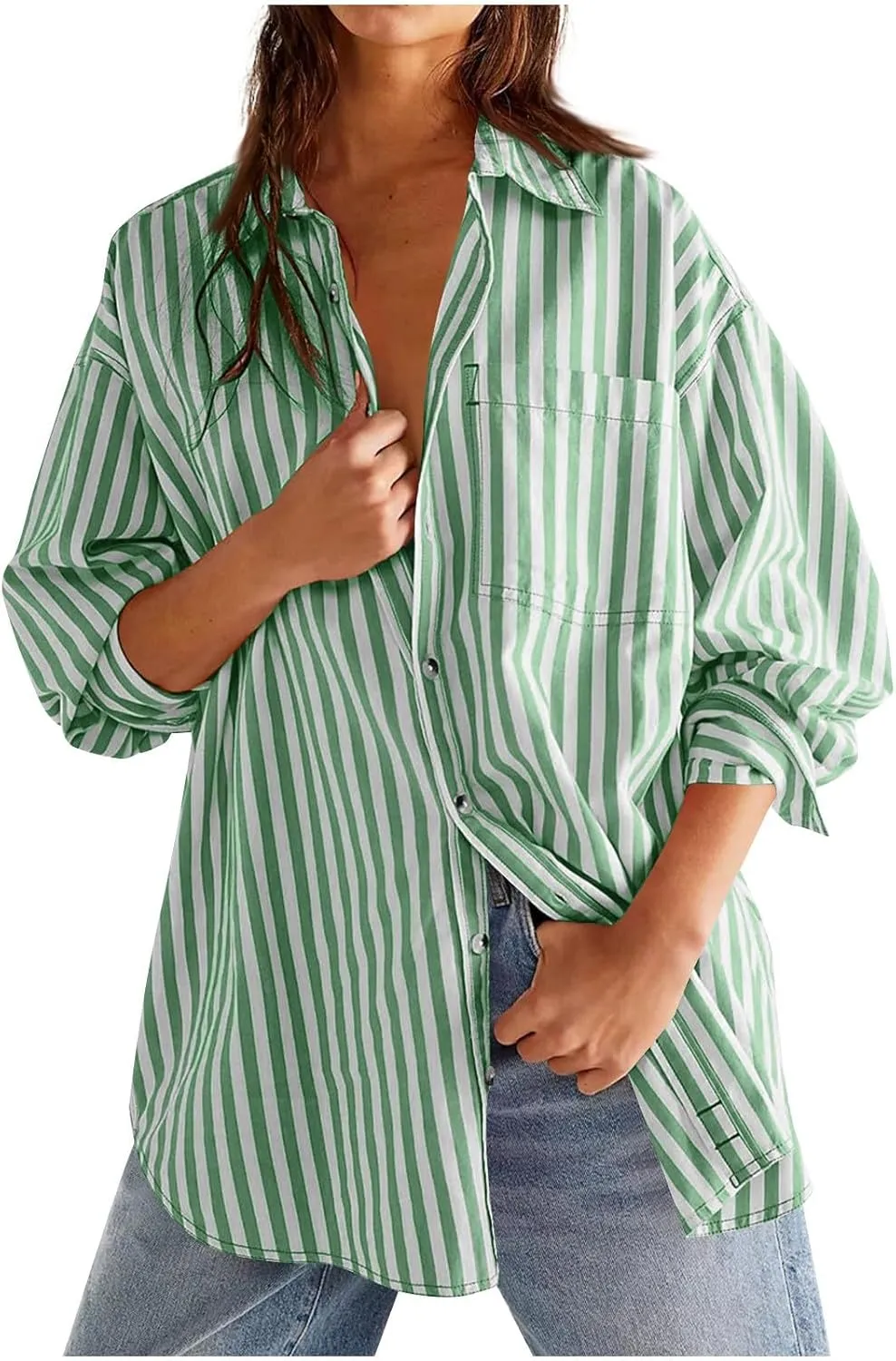Women Vertical Striped Button Down Blouse Shirt Oversized Casual Loose Fit Tunic Long Sleeve Summer Tops Beach Trendy Clothes