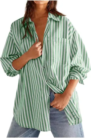 Women Vertical Striped Button Down Blouse Shirt Oversized Casual Loose Fit Tunic Long Sleeve Summer Tops Beach Trendy Clothes