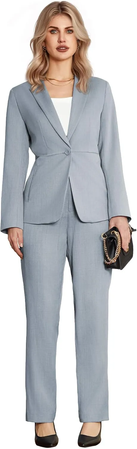 Women's 2 Piece Business Suits One Button Slim Fit Casual Blazers Office Work Formal Blazer Suit Pants Set