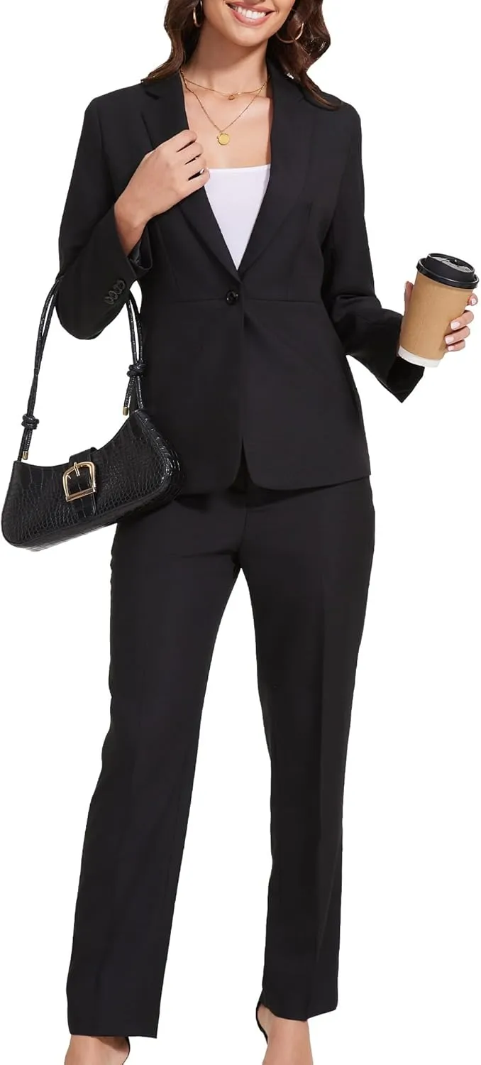 Women's 2 Piece Business Suits One Button Slim Fit Casual Blazers Office Work Formal Blazer Suit Pants Set