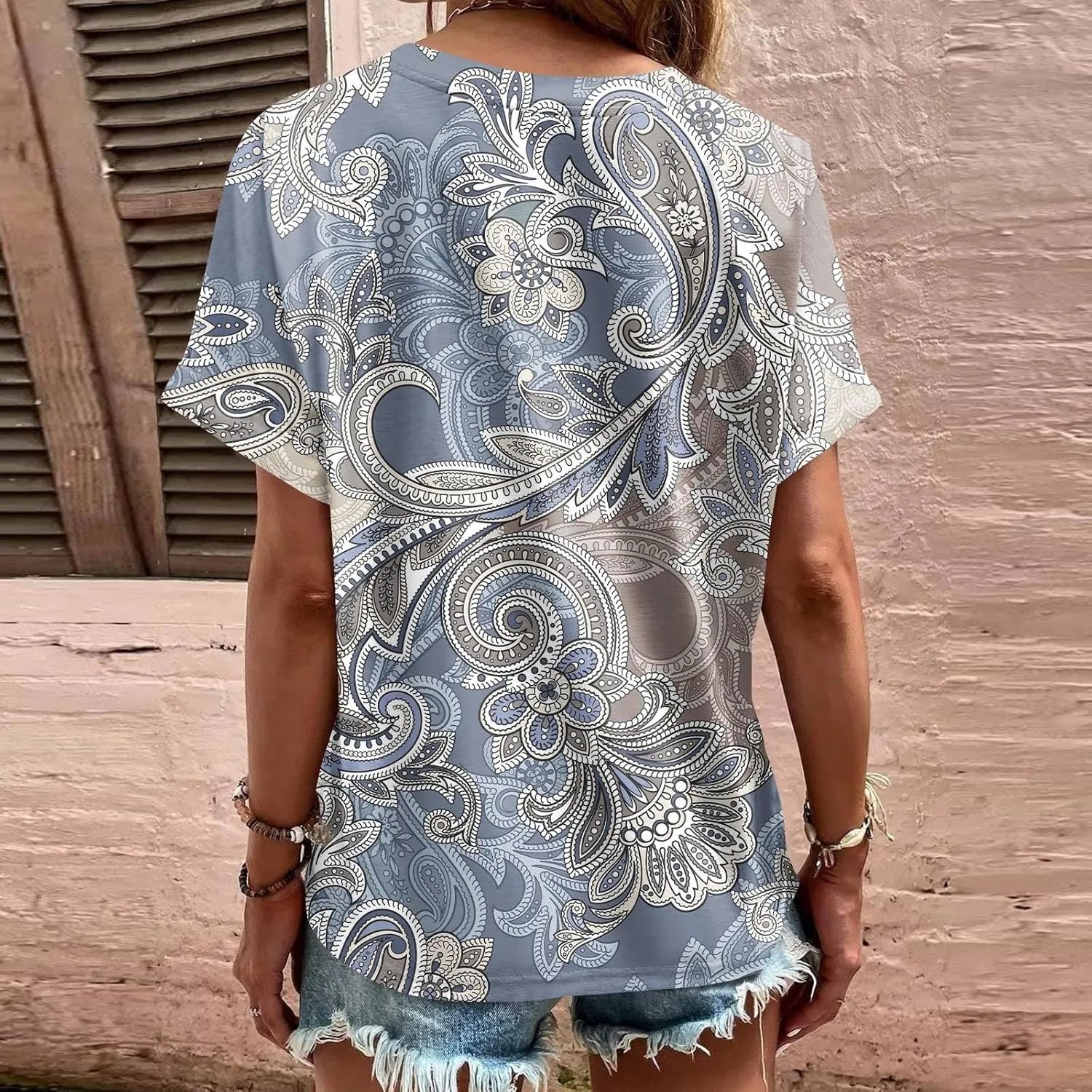 Womens 2024 Summer Tops Floral Short Sleeve V Neck Blouses for Women Dressy Casual Loose Vaction Button Shirts