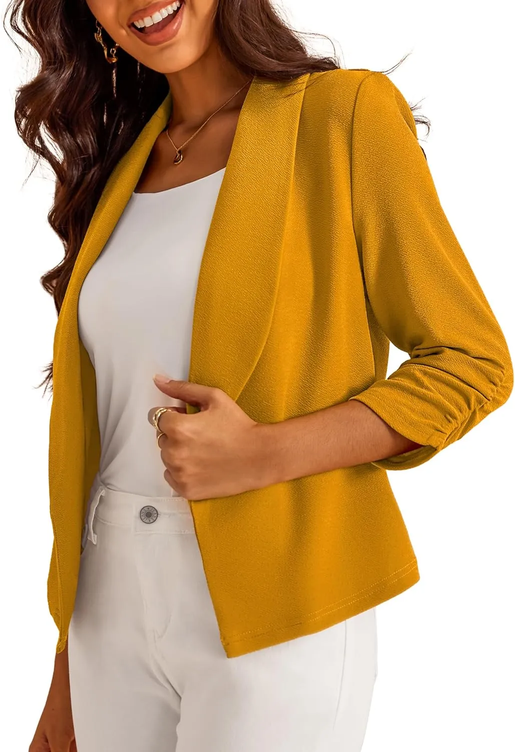 Women's 3/4 Sleeve Cropped Blazer Lightweight Open Front Cardigan Jacket for Business Causal Mustard, Medium
