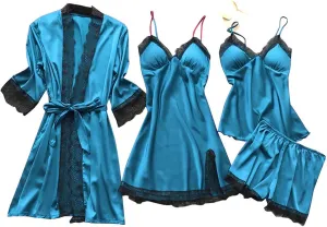 Women's 4Pcs Sleepwear Lace Trim Silk Pajama Sets Cami Top Shorts Nightgown Robe Sets Sexy Satin Pjs Loungewear Sets