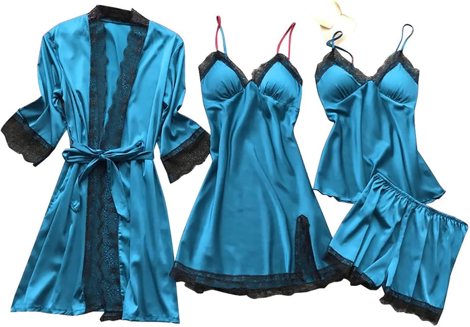 Women's 4Pcs Sleepwear Lace Trim Silk Pajama Sets Cami Top Shorts Nightgown Robe Sets Sexy Satin Pjs Loungewear Sets