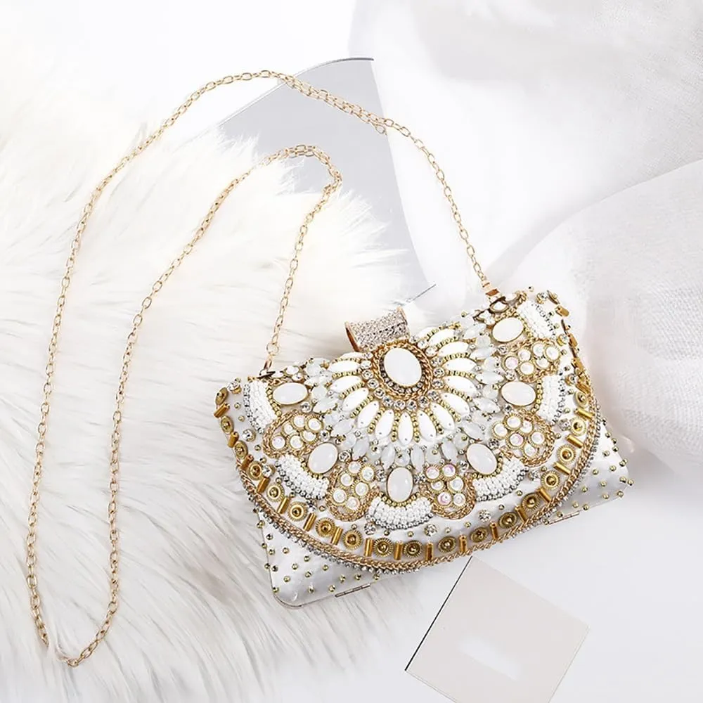 Womens Beaded Crystal Clutch Purse Fashion Diamond Evening Handbag Bridal Bag for Wedding Party