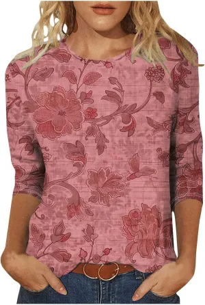 Womens Boho Casual Summer Tops 2025 Floral Blouses Tunic 3/4 Length Sleeve T Shirts Dressy Trendy Ladies Clothing