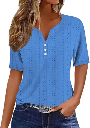 Women's Business Casual Tops Eyelet Henley Tunic Shirts Short Sleeve Buttons V Neck Boho Blouses Loose Fit Work Tees