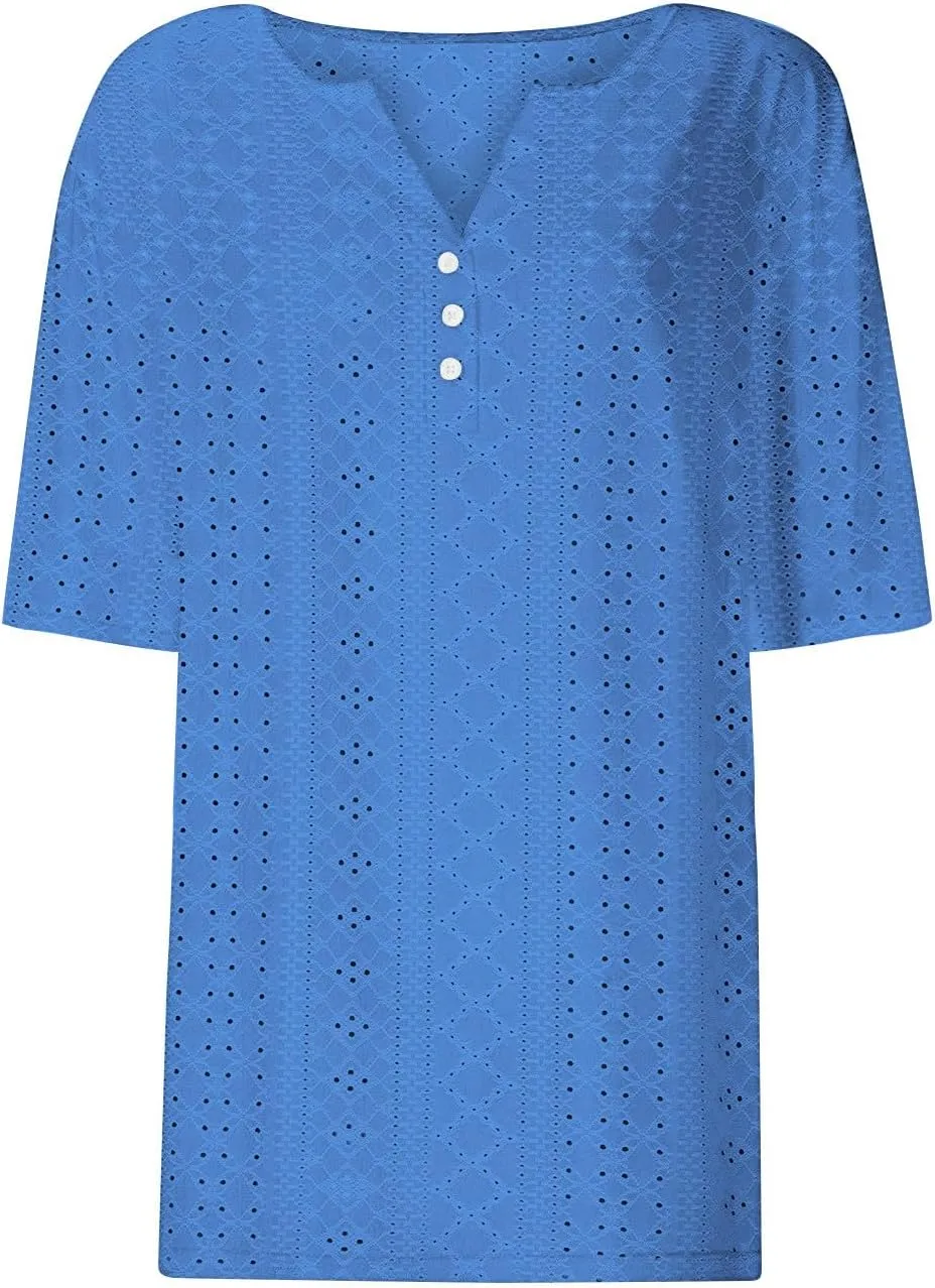 Women's Business Casual Tops Eyelet Henley Tunic Shirts Short Sleeve Buttons V Neck Boho Blouses Loose Fit Work Tees