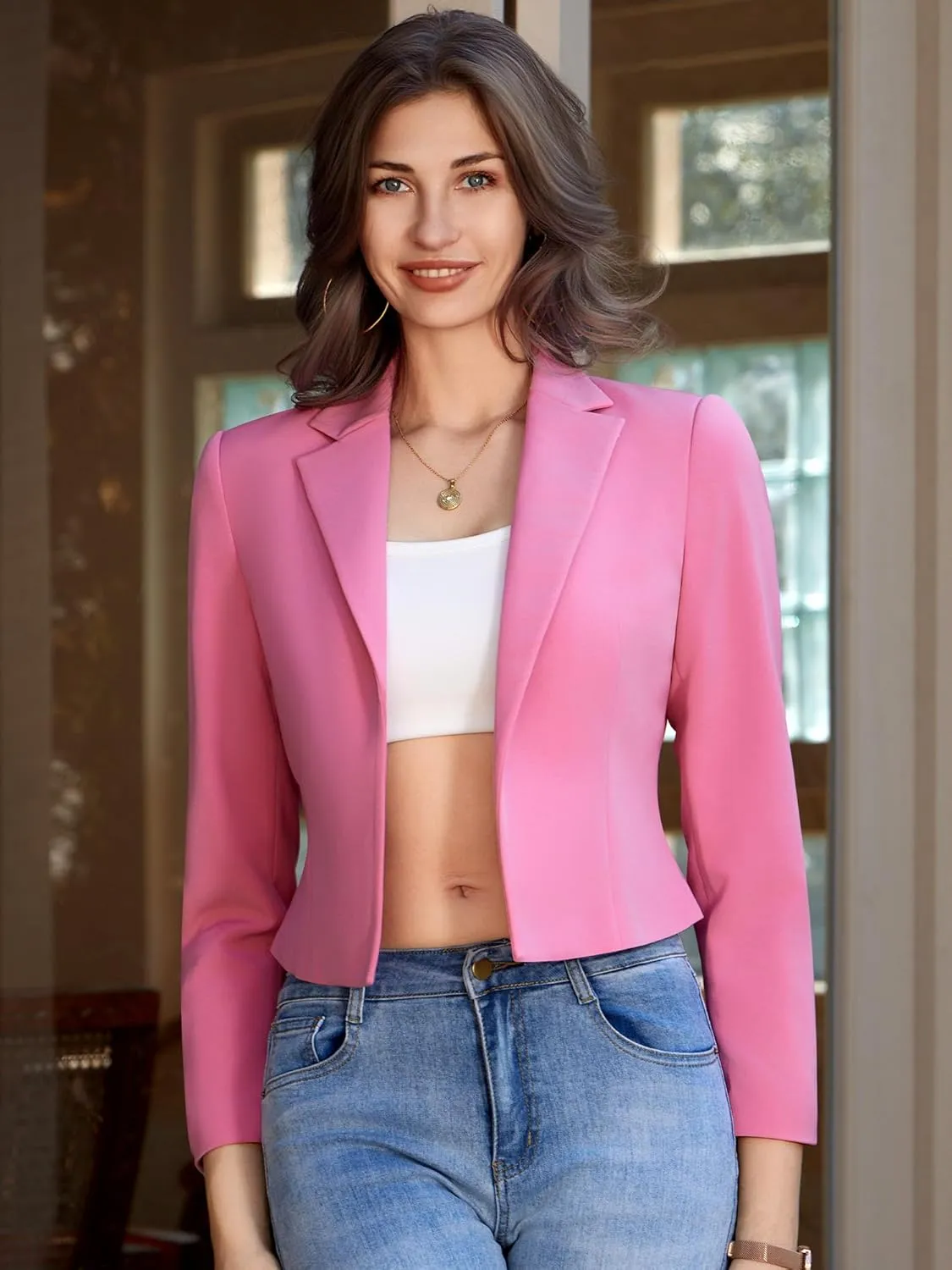 Womens Casual Long Sleeve Blazers Solid Color Notch Lapel Suit Work Office Open Front Blazer Jackets