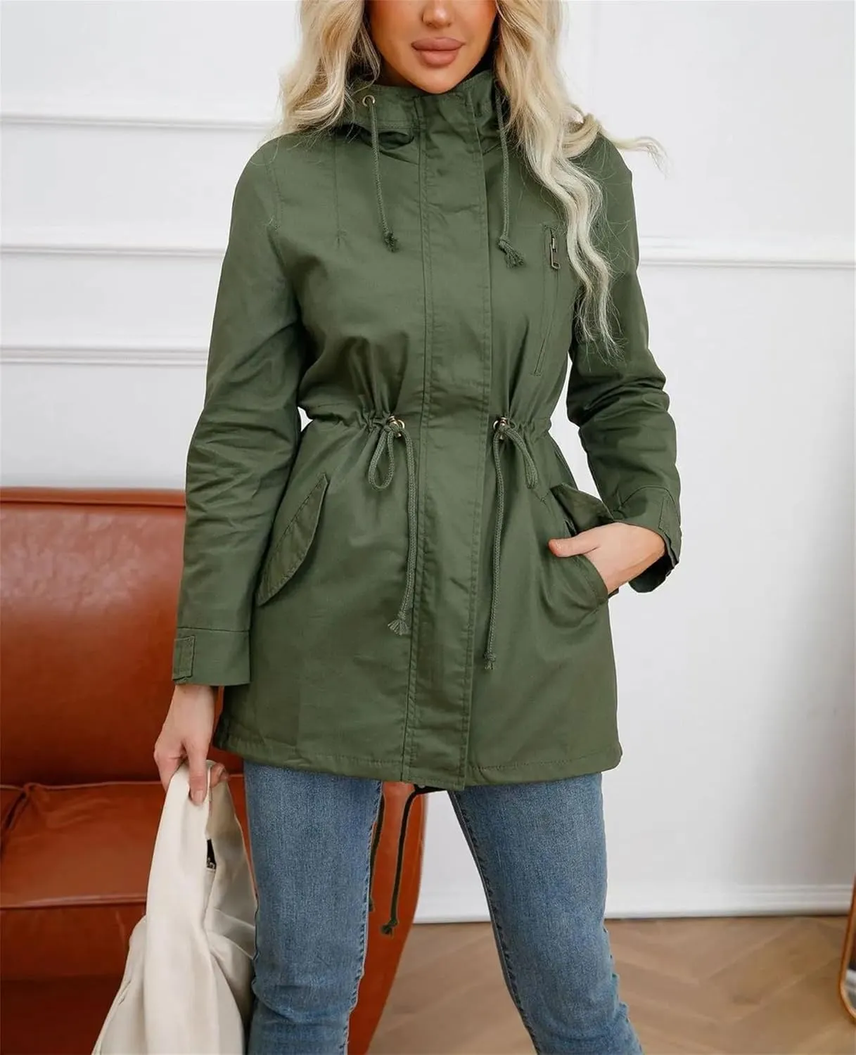 Women's Cotton Hooded Trench Coat Long Sleeve Zipper Loose Drawstring Solid Mid-Length Windbreaker Jacket