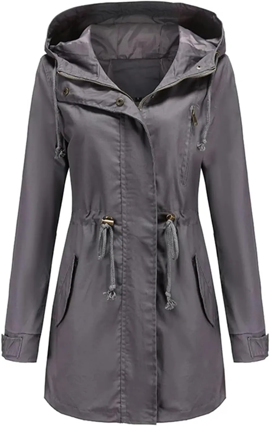 Women's Cotton Hooded Trench Coat Long Sleeve Zipper Loose Drawstring Solid Mid-Length Windbreaker Jacket