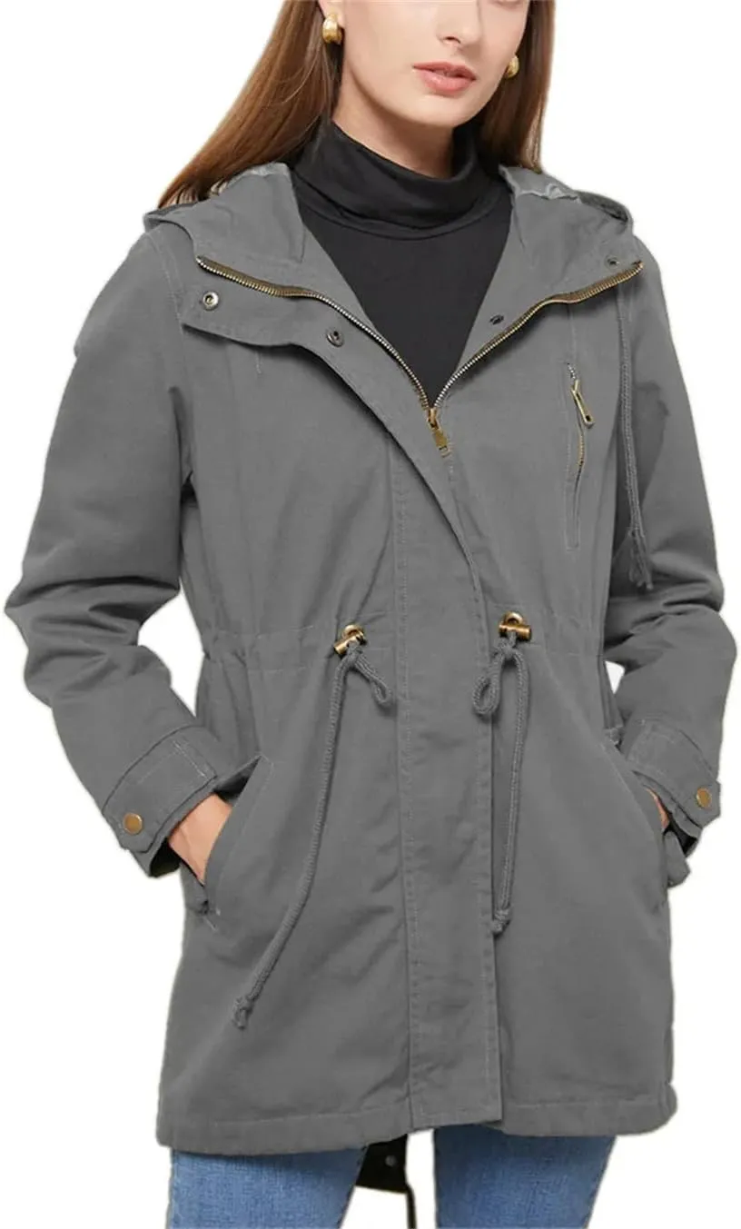 Women's Cotton Hooded Trench Coat Long Sleeve Zipper Loose Drawstring Solid Mid-Length Windbreaker Jacket