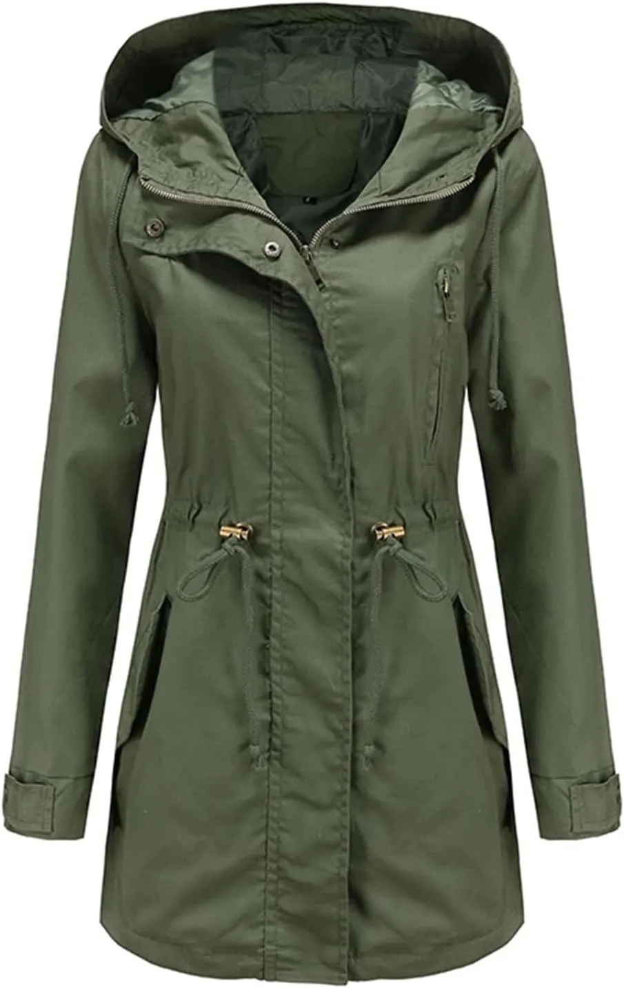 Women's Cotton Hooded Trench Coat Long Sleeve Zipper Loose Drawstring Solid Mid-Length Windbreaker Jacket