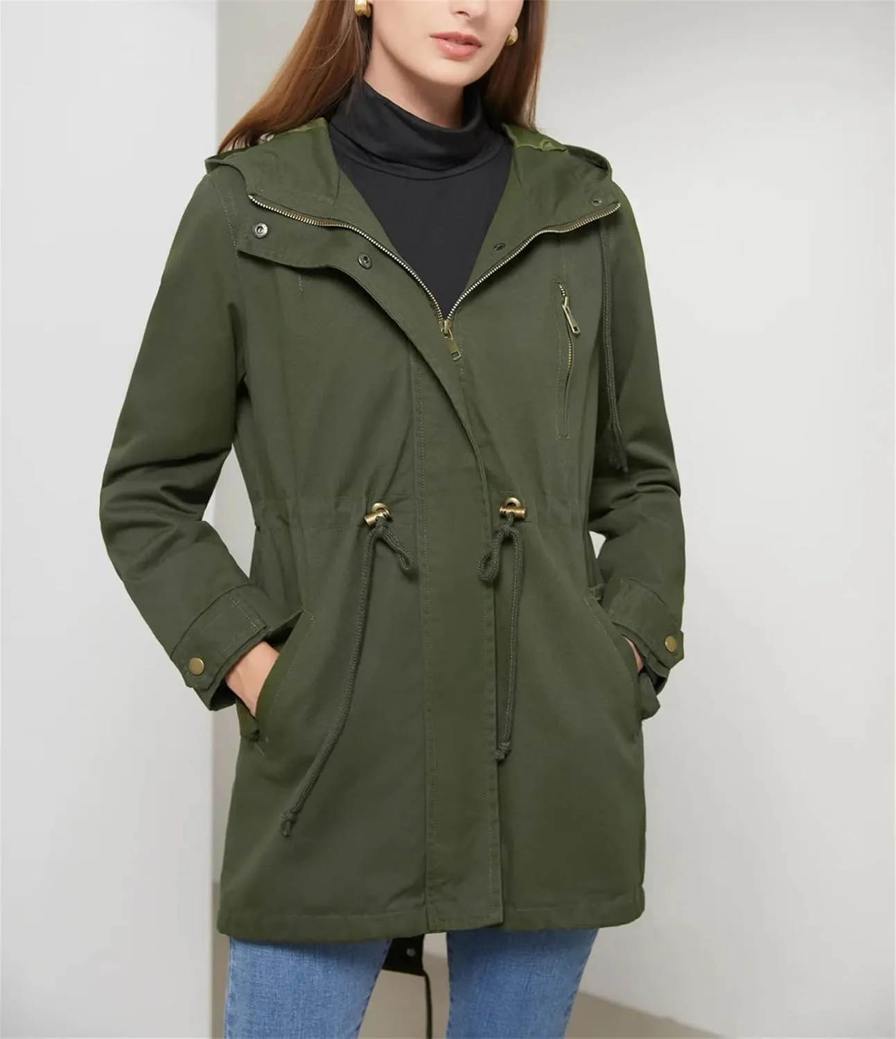 Women's Cotton Hooded Trench Coat Long Sleeve Zipper Loose Drawstring Solid Mid-Length Windbreaker Jacket