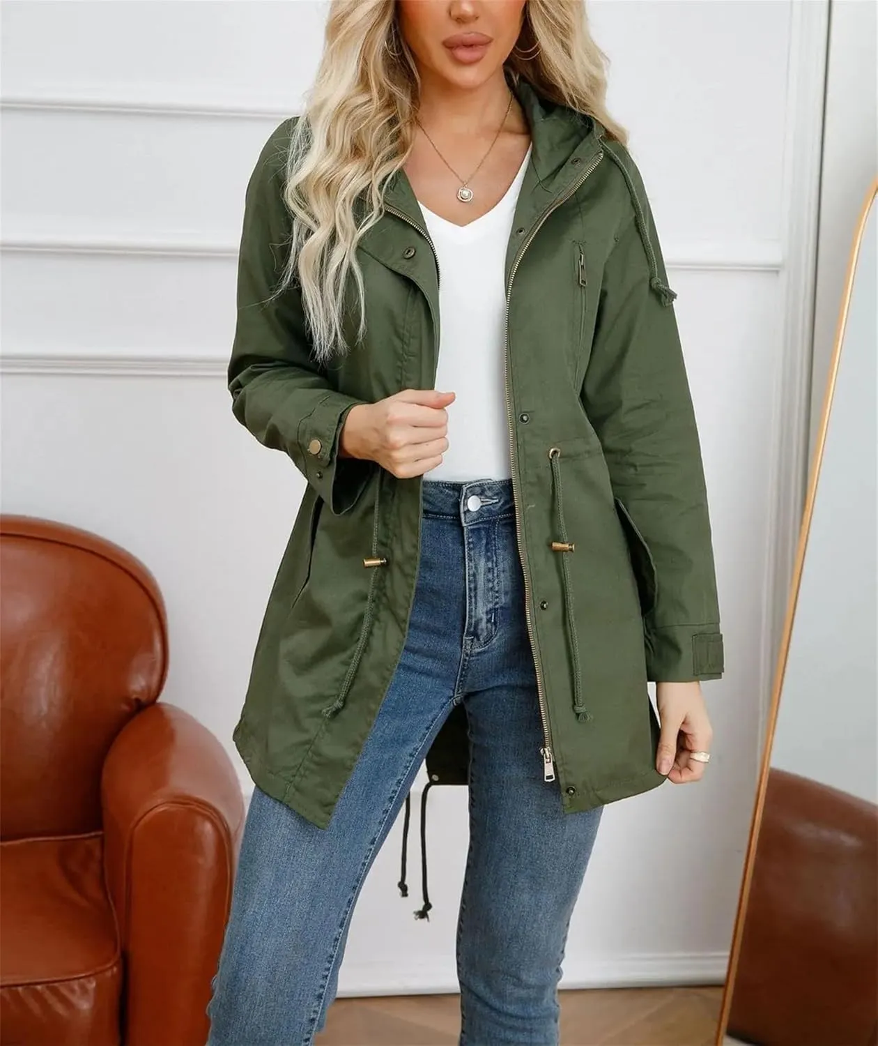 Women's Cotton Hooded Trench Coat Long Sleeve Zipper Loose Drawstring Solid Mid-Length Windbreaker Jacket