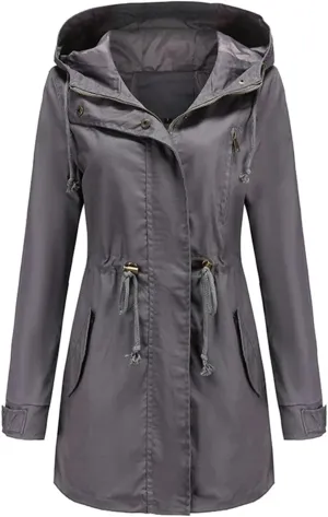 Women's Cotton Hooded Trench Coat Long Sleeve Zipper Loose Drawstring Solid Mid-Length Windbreaker Jacket