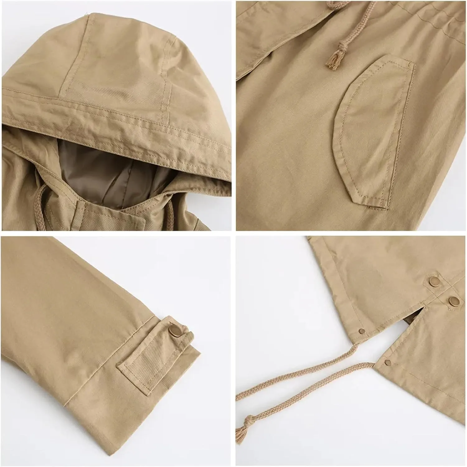 Women's Cotton Hooded Trench Coat Long Sleeve Zipper Loose Drawstring Solid Mid-Length Windbreaker Jacket