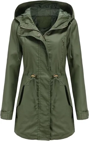 Women's Cotton Hooded Trench Coat Long Sleeve Zipper Loose Drawstring Solid Mid-Length Windbreaker Jacket