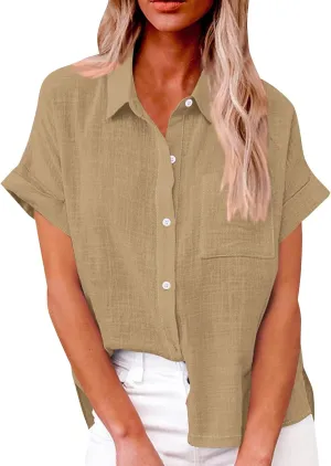 Womens Cotton Linen Button Down Shirt Summer Casual Short Sleeve Solid Color T Shirts Loose Work Tops with Pockets