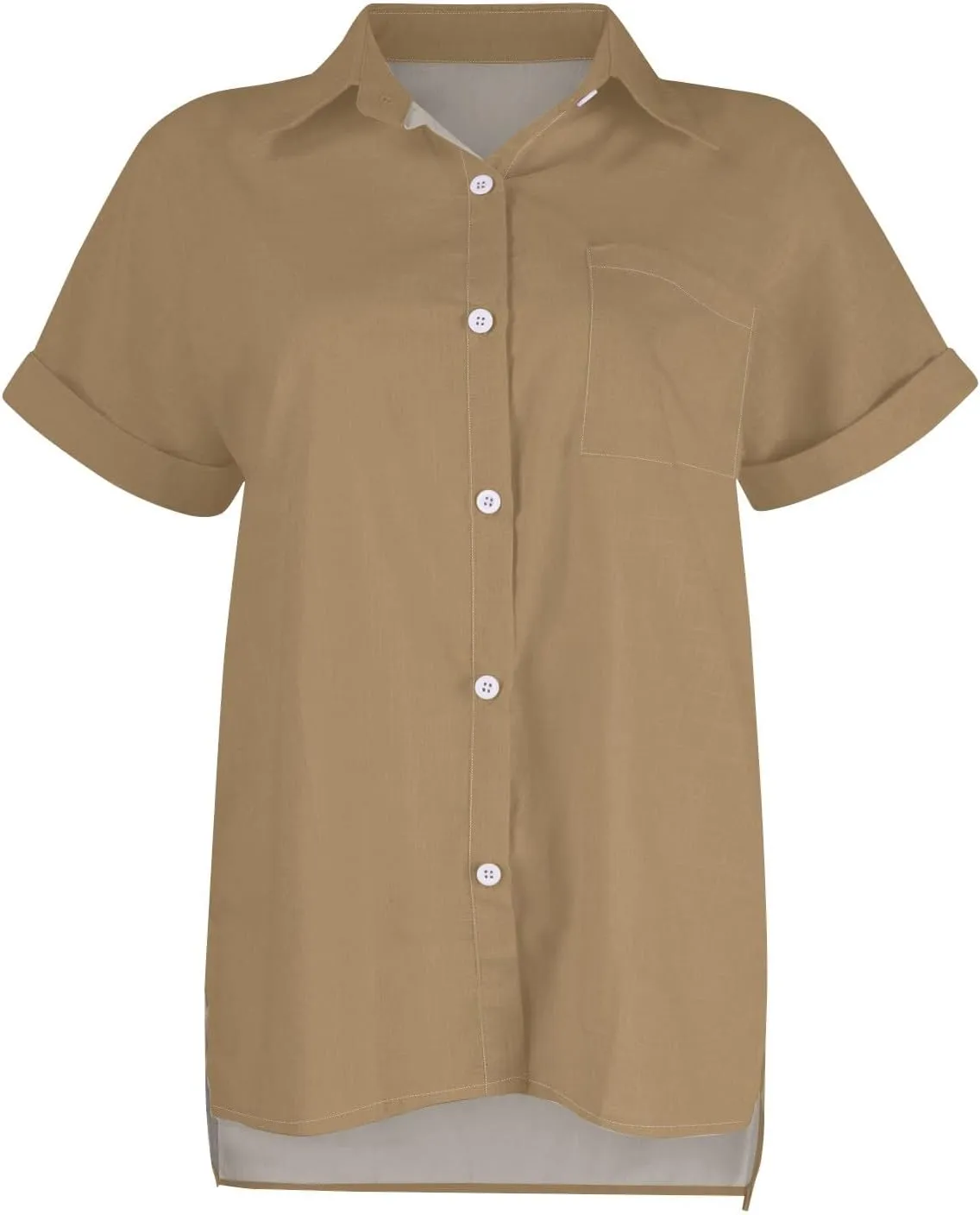 Womens Cotton Linen Button Down Shirt Summer Casual Short Sleeve Solid Color T Shirts Loose Work Tops with Pockets