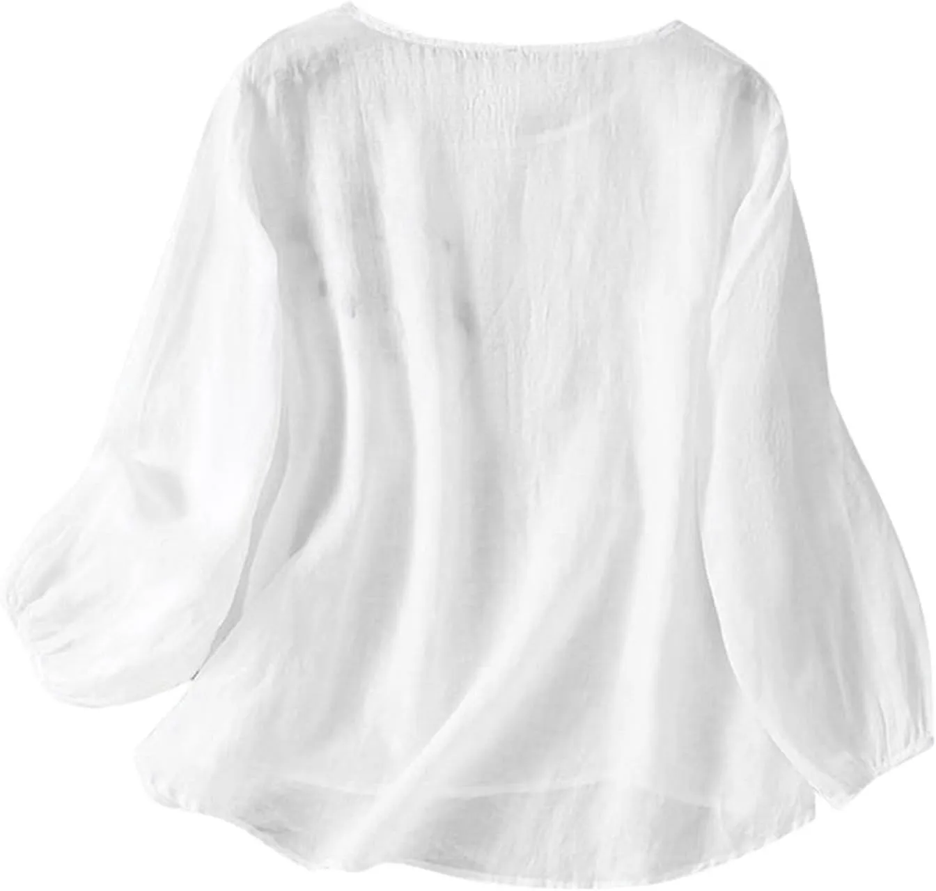 Womens Cotton Linen Shirts Summer Loose Crew Neck Casual Boho Long Sleeve Tee Top Vintage Bohemian Embroidered Blouse
