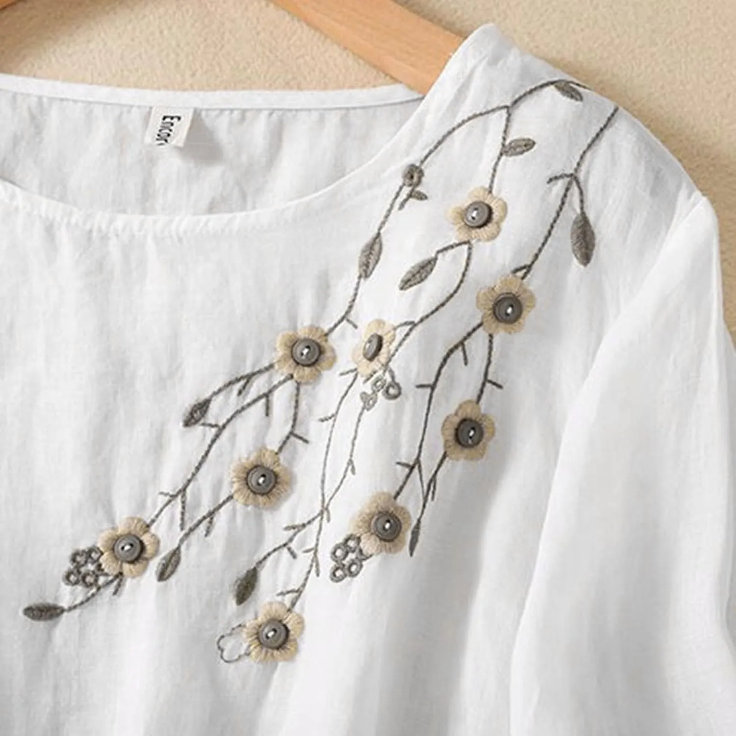 Womens Cotton Linen Shirts Summer Loose Crew Neck Casual Boho Long Sleeve Tee Top Vintage Bohemian Embroidered Blouse