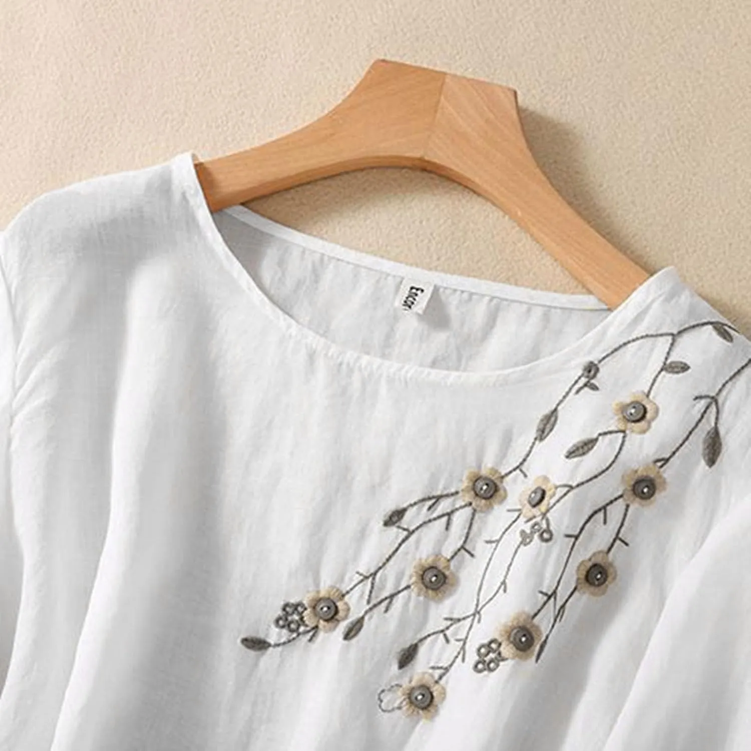 Womens Cotton Linen Shirts Summer Loose Crew Neck Casual Boho Long Sleeve Tee Top Vintage Bohemian Embroidered Blouse
