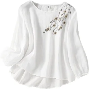 Womens Cotton Linen Shirts Summer Loose Crew Neck Casual Boho Long Sleeve Tee Top Vintage Bohemian Embroidered Blouse