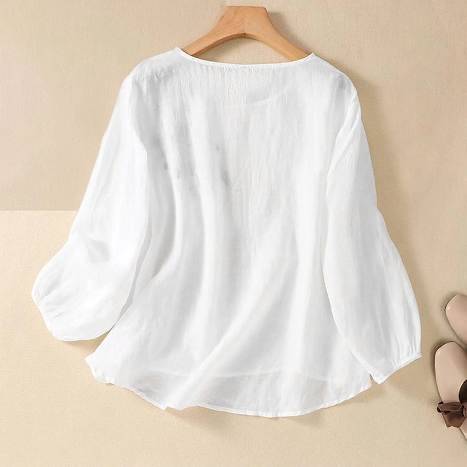 Womens Cotton Linen Shirts Summer Loose Crew Neck Casual Boho Long Sleeve Tee Top Vintage Bohemian Embroidered Blouse