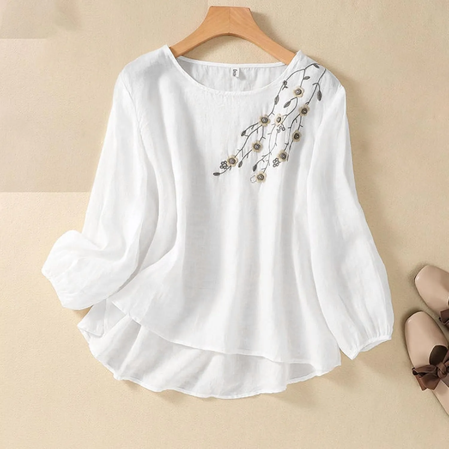Womens Cotton Linen Shirts Summer Loose Crew Neck Casual Boho Long Sleeve Tee Top Vintage Bohemian Embroidered Blouse