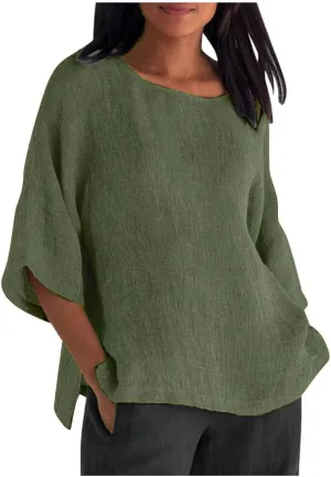 Womens Cotton Linen Summer Tops 3/4 Length Sleeve Tunic Blouses Gauze Boho Shirts Trendy Loose Fit Clothing 2024