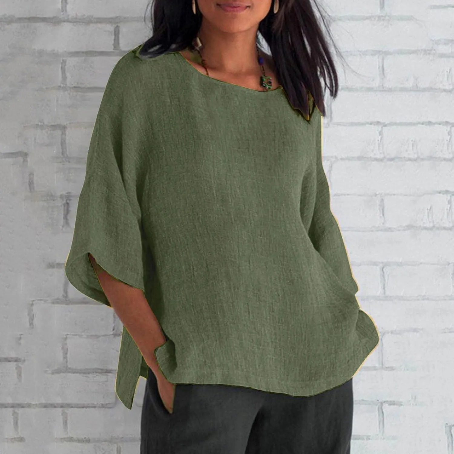 Womens Cotton Linen Summer Tops 3/4 Length Sleeve Tunic Blouses Gauze Boho Shirts Trendy Loose Fit Clothing 2024