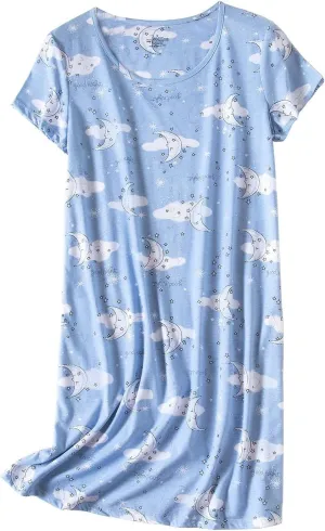 Women's Cotton Nightgown Sleepwear Short Sleeve Shirt Casual Printed Sleepdress Pajamas Lounge Wear Oversized Sleep Dress Pjs