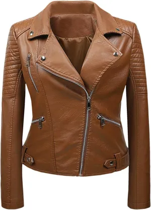 Women's Faux Leather Jacket Spring Fall Clothes Trendy Motorcycle Biker Coat Long Sleeve Zip Up PU Moto Biker Jackets