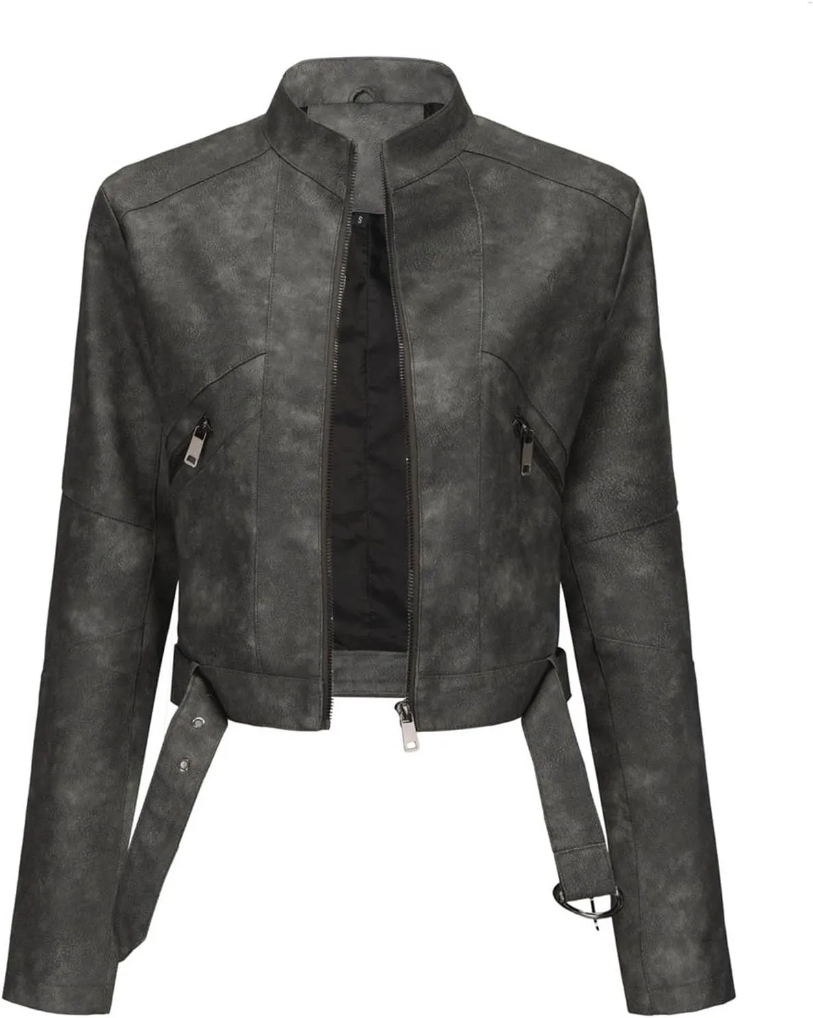 Womens Faux Leather Zip Up Moto Biker Jacket Short Leather Blazer Jackets 2024 Fall Fashion Motorcycle Coats Outwear