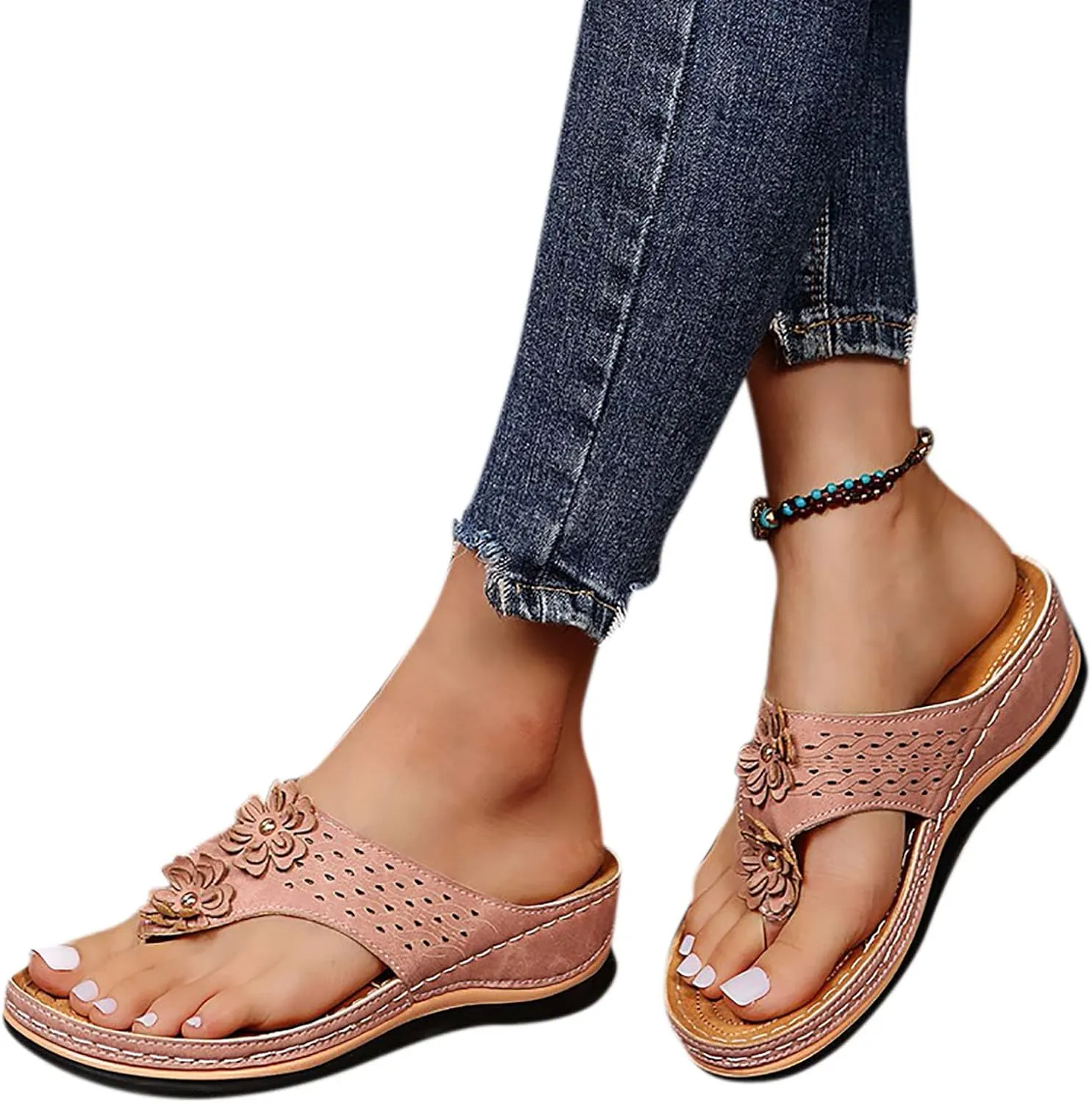Women's Flat Sandals Women's Non Slip Casual Arch Support Flip Flops Black Sandal for Women Dressy Summer Shoes