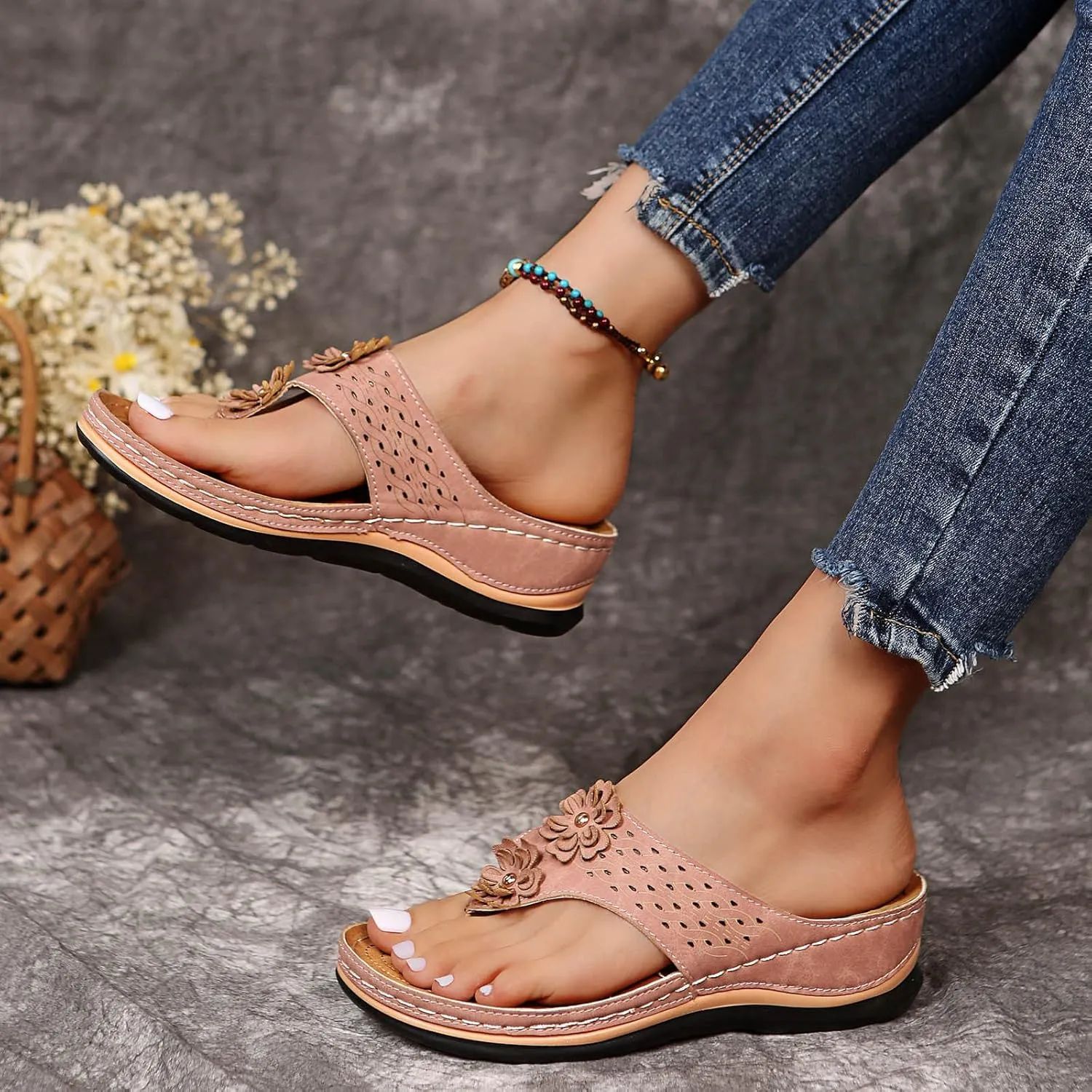 Women's Flat Sandals Women's Non Slip Casual Arch Support Flip Flops Black Sandal for Women Dressy Summer Shoes