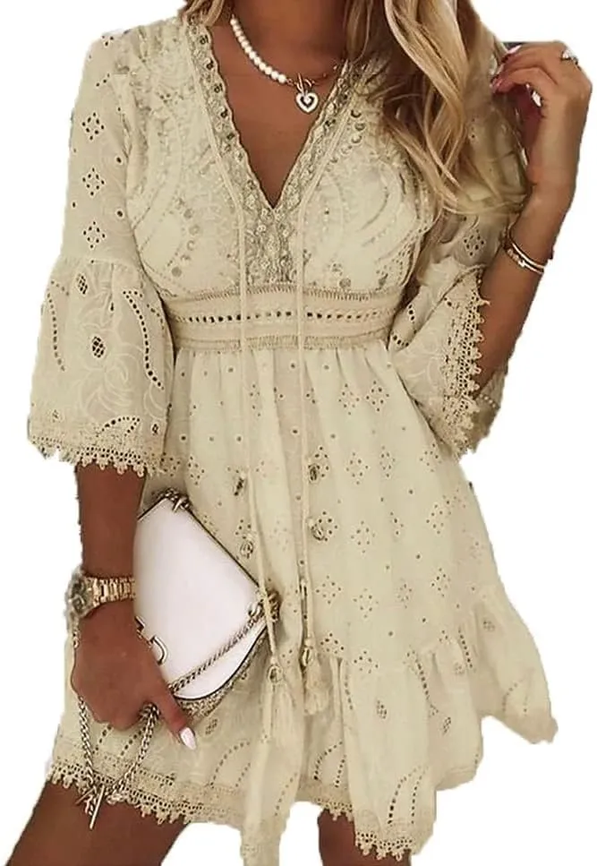 Women's Floral Embroidered Mini Dress Boho V Neck Lace Trim Tiered Ruffle Hem A-Line Summer Dress