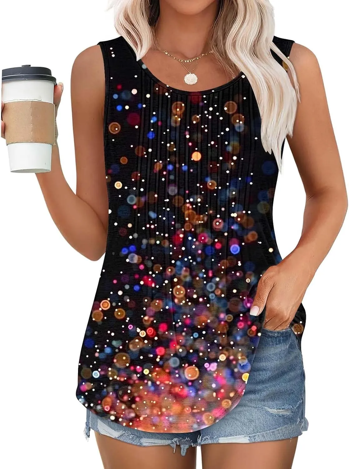 Womens Floral Printed Tank Tops Dressy Summer Pleated Crew Neck Flowy Blouse Sleeveless Loose Casual Tunic T-Shirts