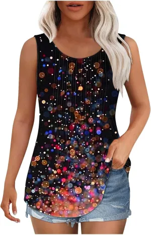 Womens Floral Printed Tank Tops Dressy Summer Pleated Crew Neck Flowy Blouse Sleeveless Loose Casual Tunic T-Shirts