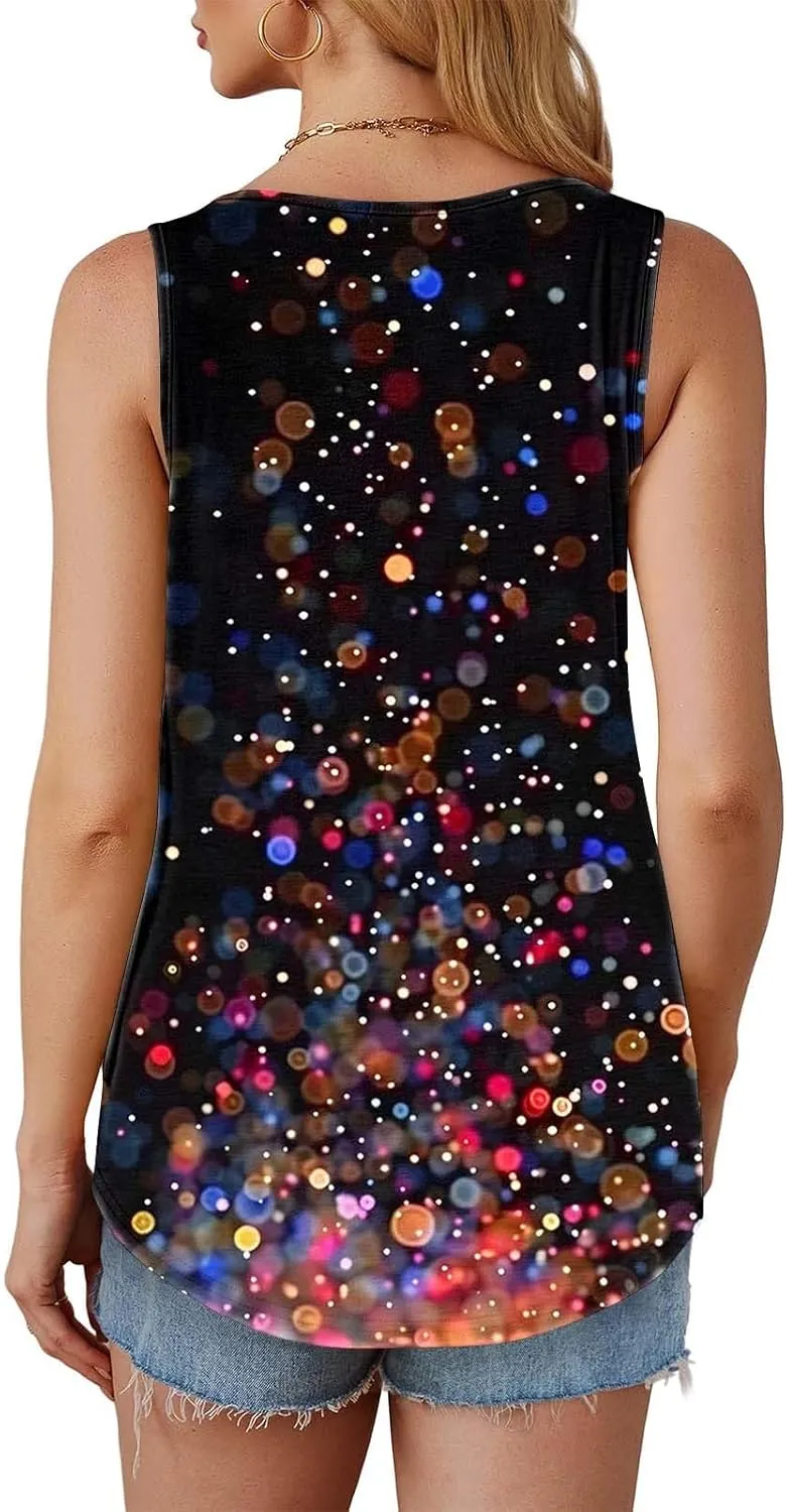 Womens Floral Printed Tank Tops Dressy Summer Pleated Crew Neck Flowy Blouse Sleeveless Loose Casual Tunic T-Shirts