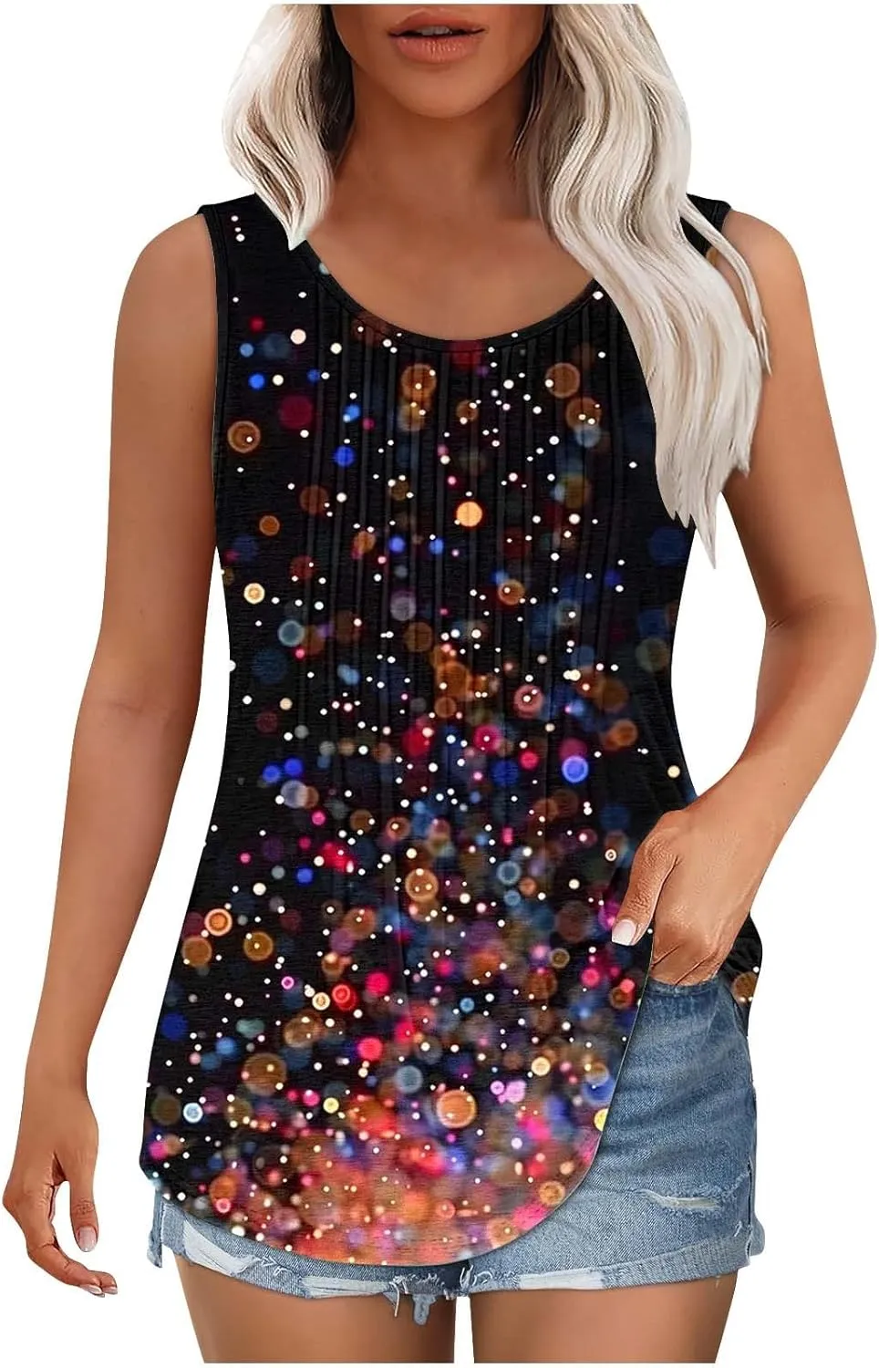 Womens Floral Printed Tank Tops Dressy Summer Pleated Crew Neck Flowy Blouse Sleeveless Loose Casual Tunic T-Shirts