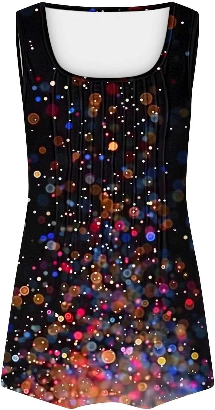Womens Floral Printed Tank Tops Dressy Summer Pleated Crew Neck Flowy Blouse Sleeveless Loose Casual Tunic T-Shirts
