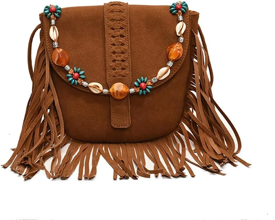 Women's Fringe Faux Suede Satchel Purse, Vintage Beaded Hippie Shoulder Bag, Novelty Retro Tassel Hobo Crossbody Bag