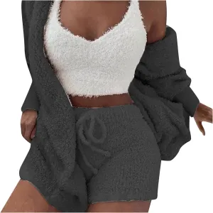 Women's Fuzzy 3 Piece Outfits Fleece Warm Hooded Robe Cardigan Crop Top Shorts Set Pajamas Cozy Loungewear Sets