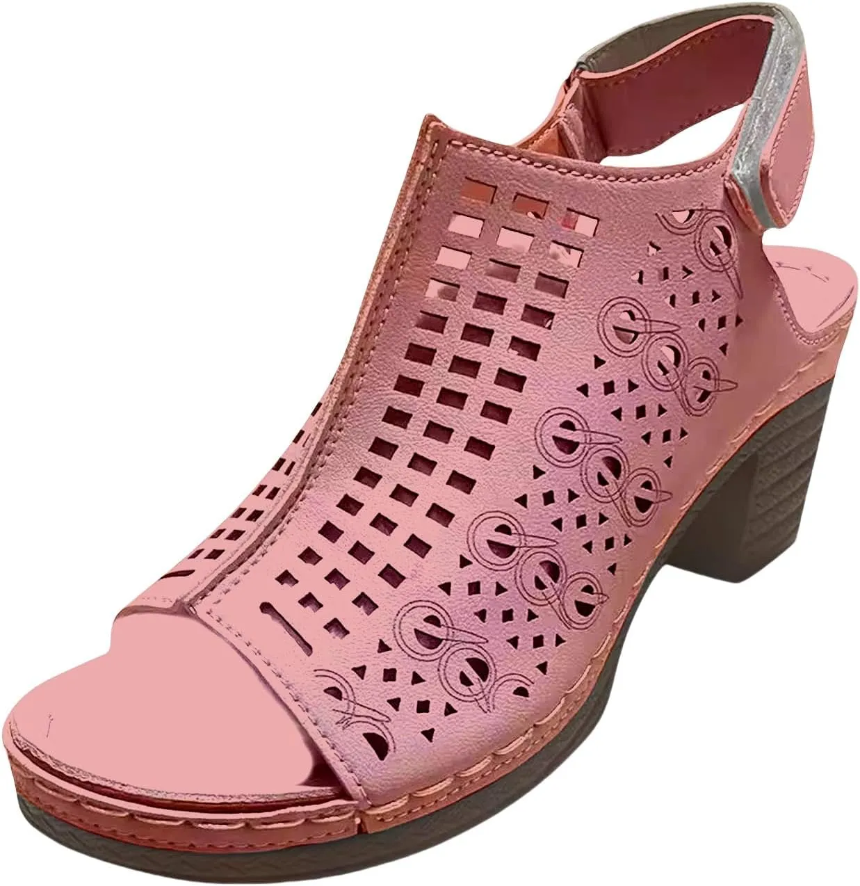 Womens High Heel Sandals Breathable Hollow Out Non Slip On Chunky Heels Sandals Open Toe Buckle Ankle Strap Adjustable Casual Summer Outdoor
