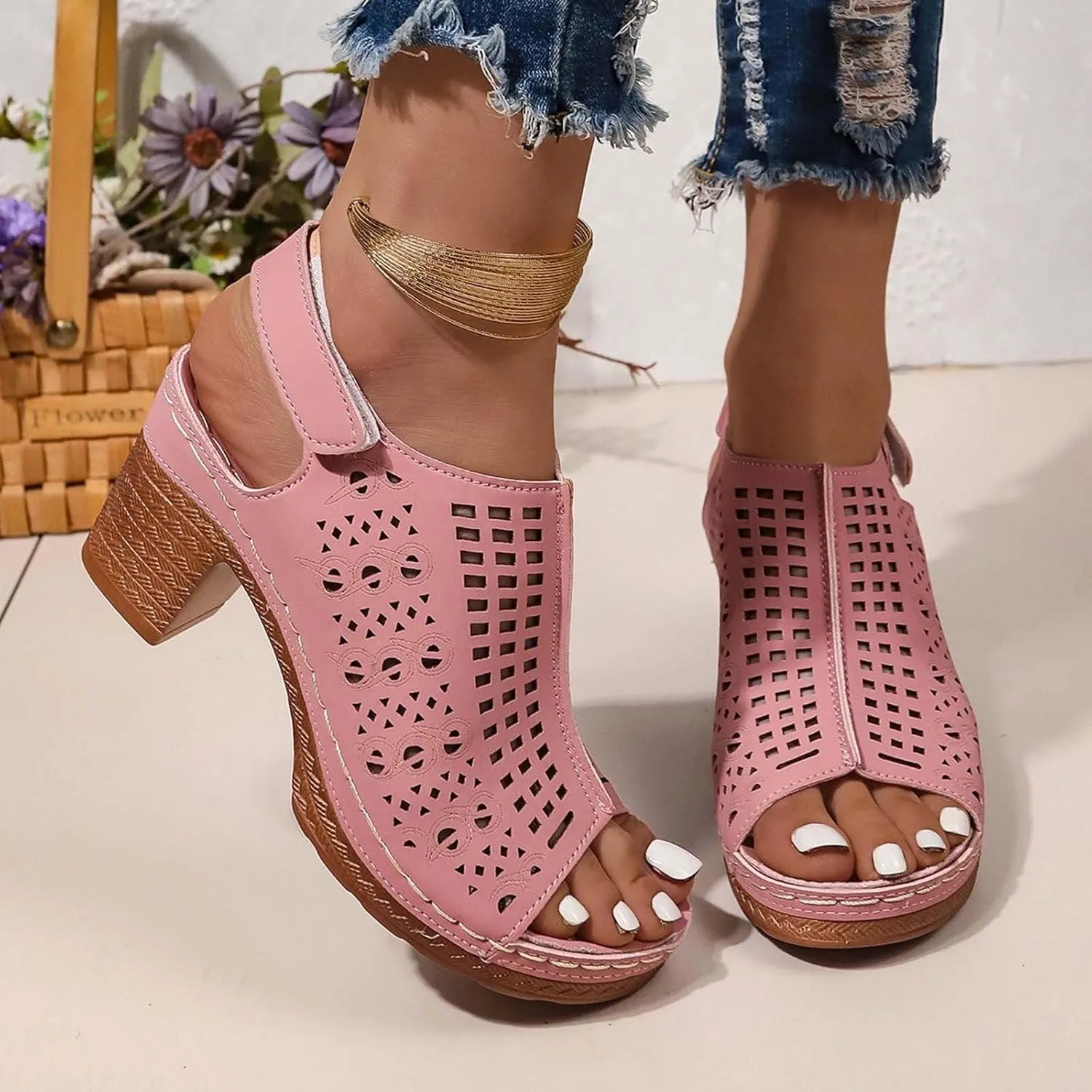 Womens High Heel Sandals Breathable Hollow Out Non Slip On Chunky Heels Sandals Open Toe Buckle Ankle Strap Adjustable Casual Summer Outdoor