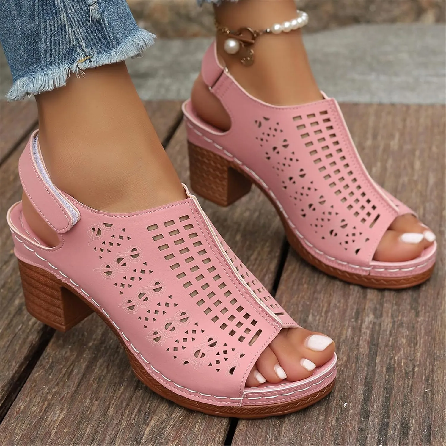 Womens High Heel Sandals Breathable Hollow Out Non Slip On Chunky Heels Sandals Open Toe Buckle Ankle Strap Adjustable Casual Summer Outdoor